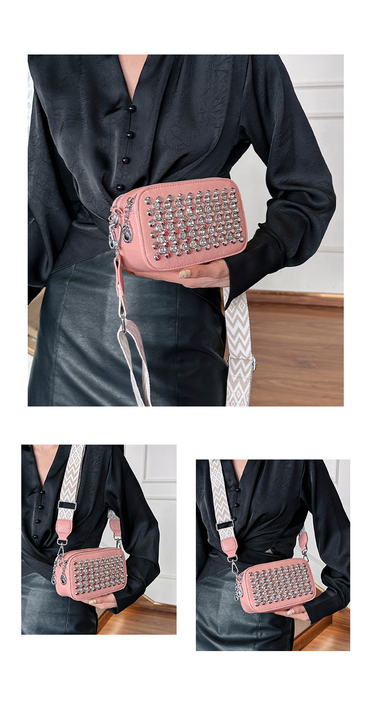 Popular Bags Fashion Rivets Trendy Women's Wide Shoulder Strap Crossbody Square Bag 20