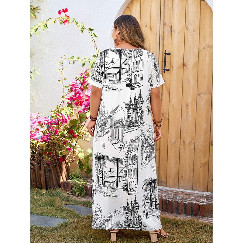 Plus Size Women Loose Printed Short Sleeve Dress