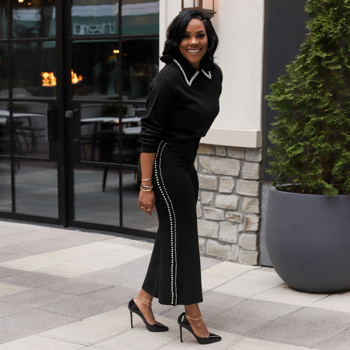 Women Casual Pearl Double-Breasted Turndown Collar Top and Pant Two Piece Set 5