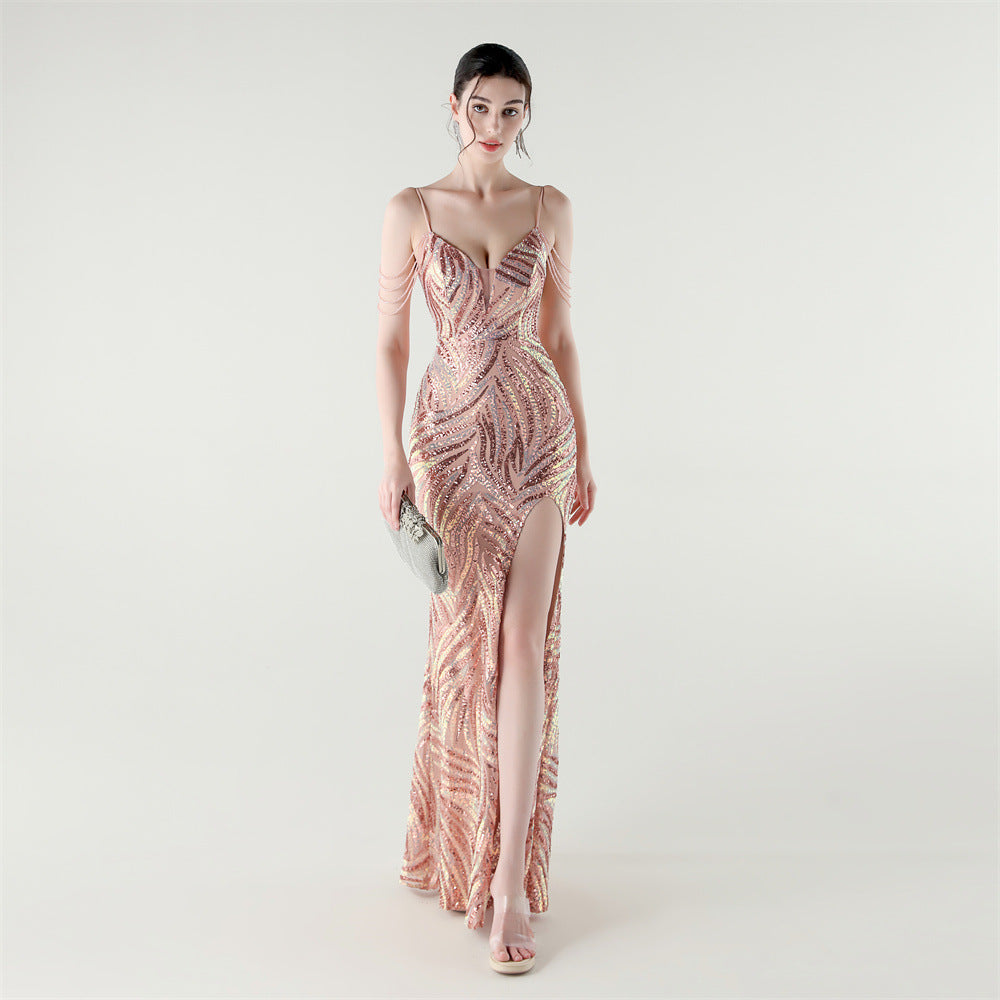 Elegant Deep V Strap Sequin Evening Dress 7