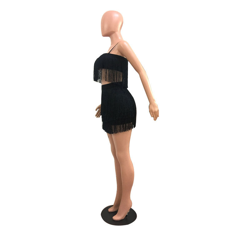 Women Summer Sexy Fringe Crop Top And Bodycon Skirt Two Piece 7