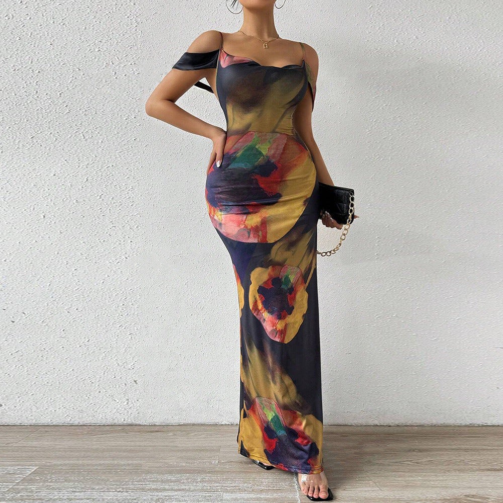 Summer Strap Off Shoulder Holidays Printed Slim Long Dress 5