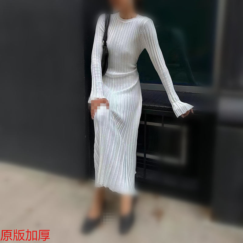 Autumn And Winter Casual Slim Waist V-Neck Wide Ribbed Slim Fit Knitting Long Dress For Women 6