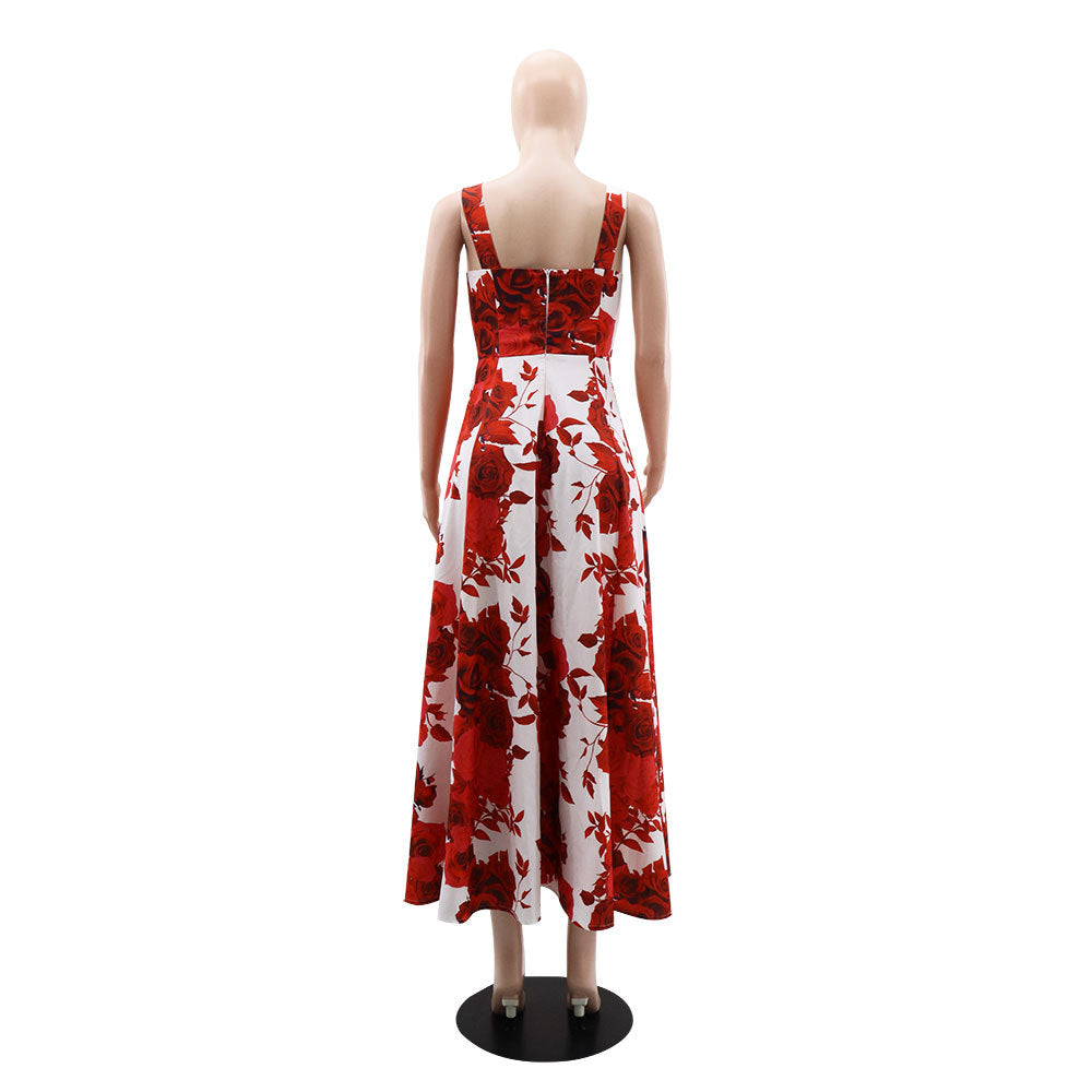 Strap Red Rose Printed Long Dress Chic Elegant Women's Dress 11