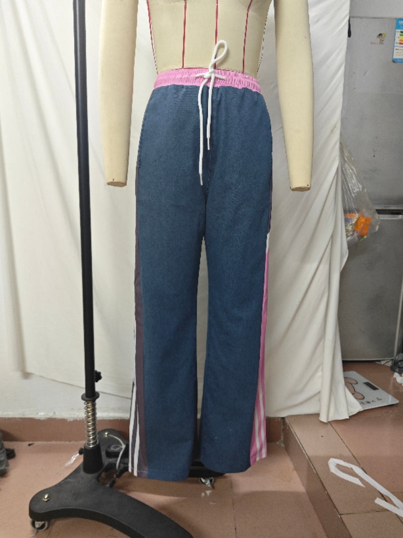 Women side striped color matching sports pants Denim wide-leg pants 7