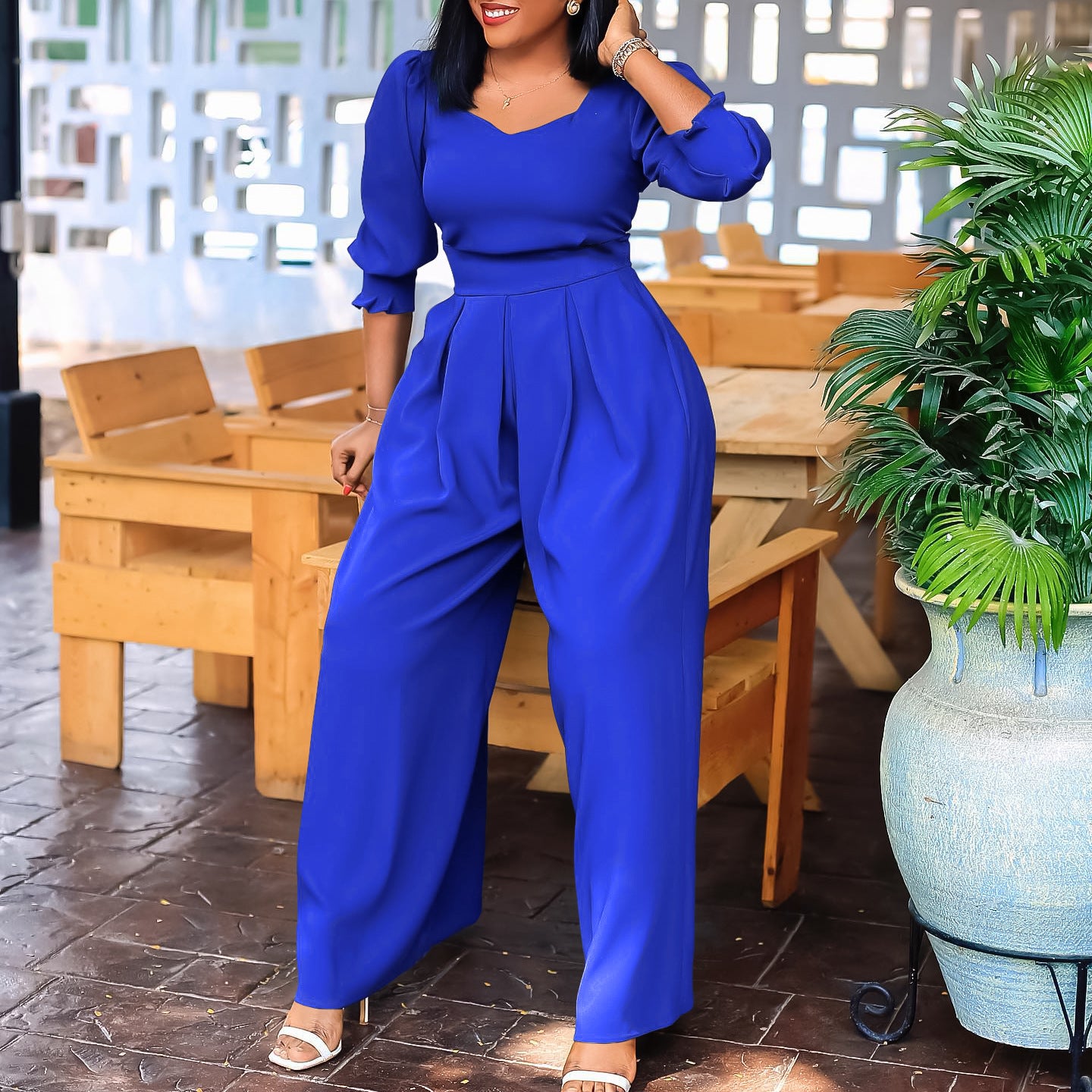 Plus Size African Women Long Sleeve Solid Loose Wide Leg Jumpsuit 9