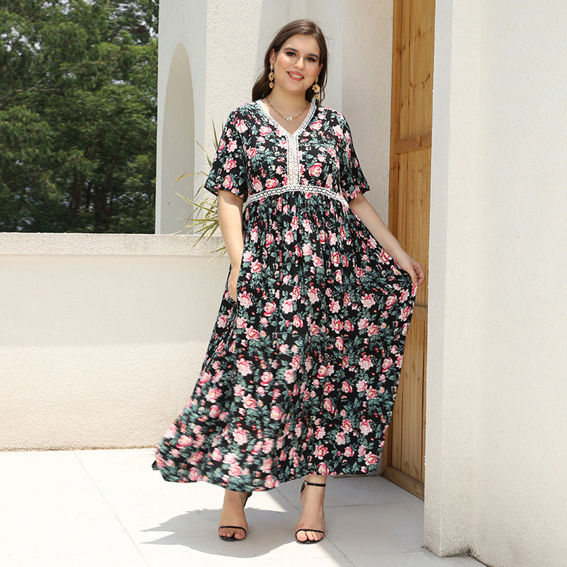 Plus Size V-Neck Floral Printed Lace Patchwork Loose Long Dress Beach Holidays Dress 7