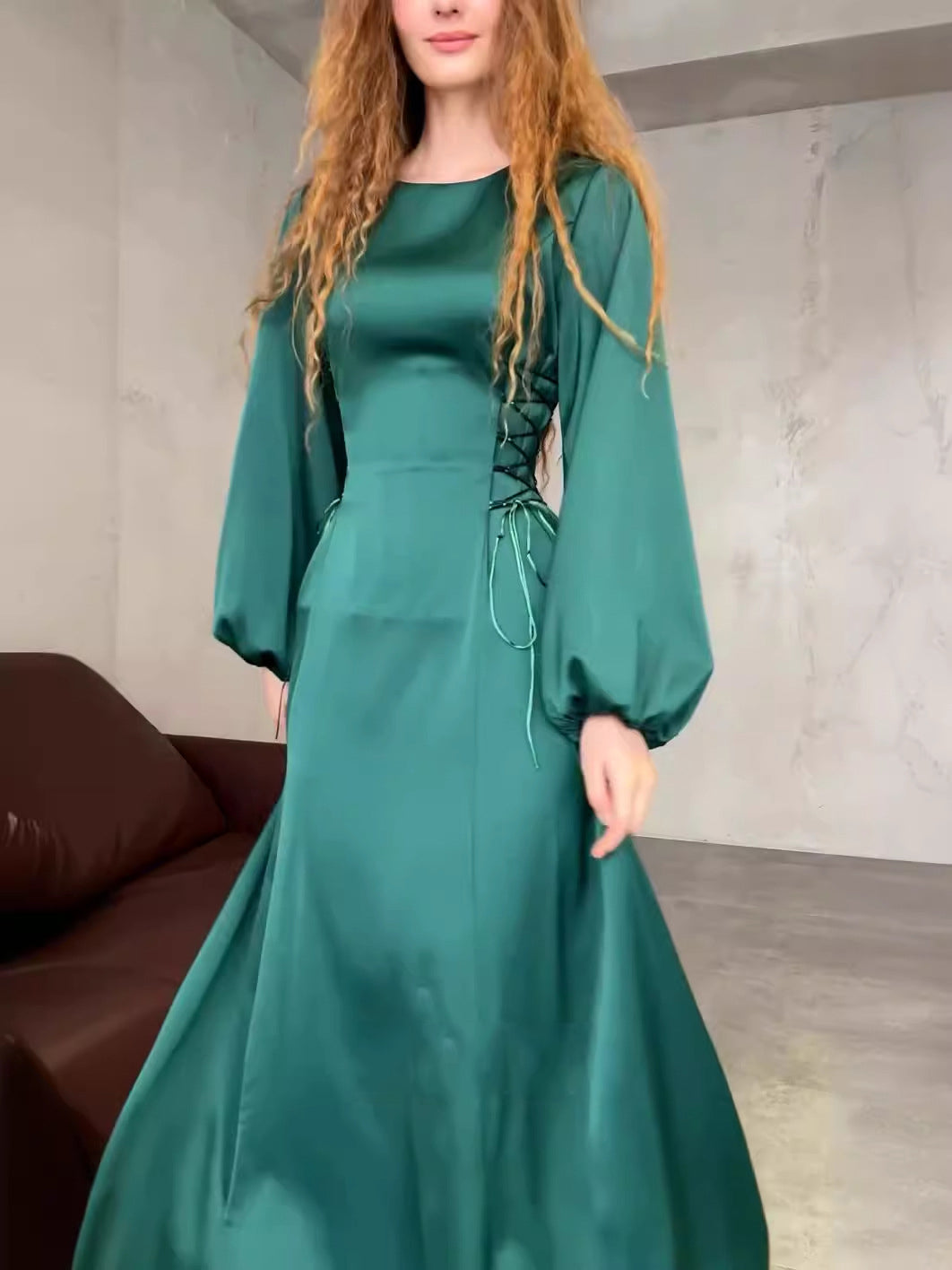 Women Spring Lace-up Puff Sleeve Dress 3