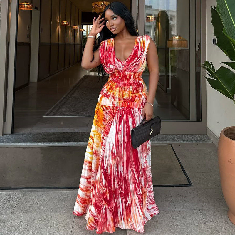 Spring Casual Women's Pleated Fashion Print V neck Slim Waist Loose Long Dress 4