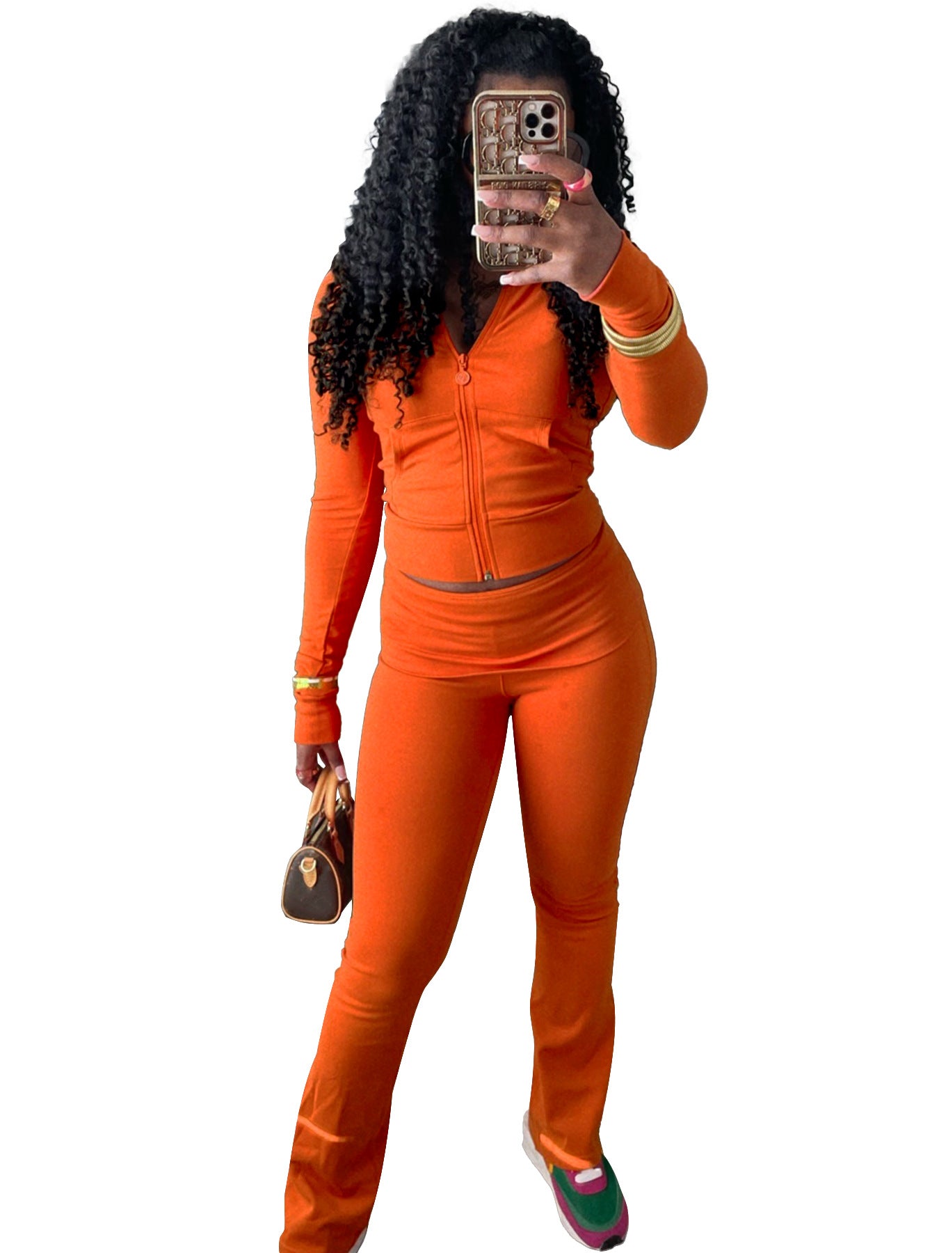 Women Sports Casual Zipper Top and Bell Bottom Pants Two-piece Set 11