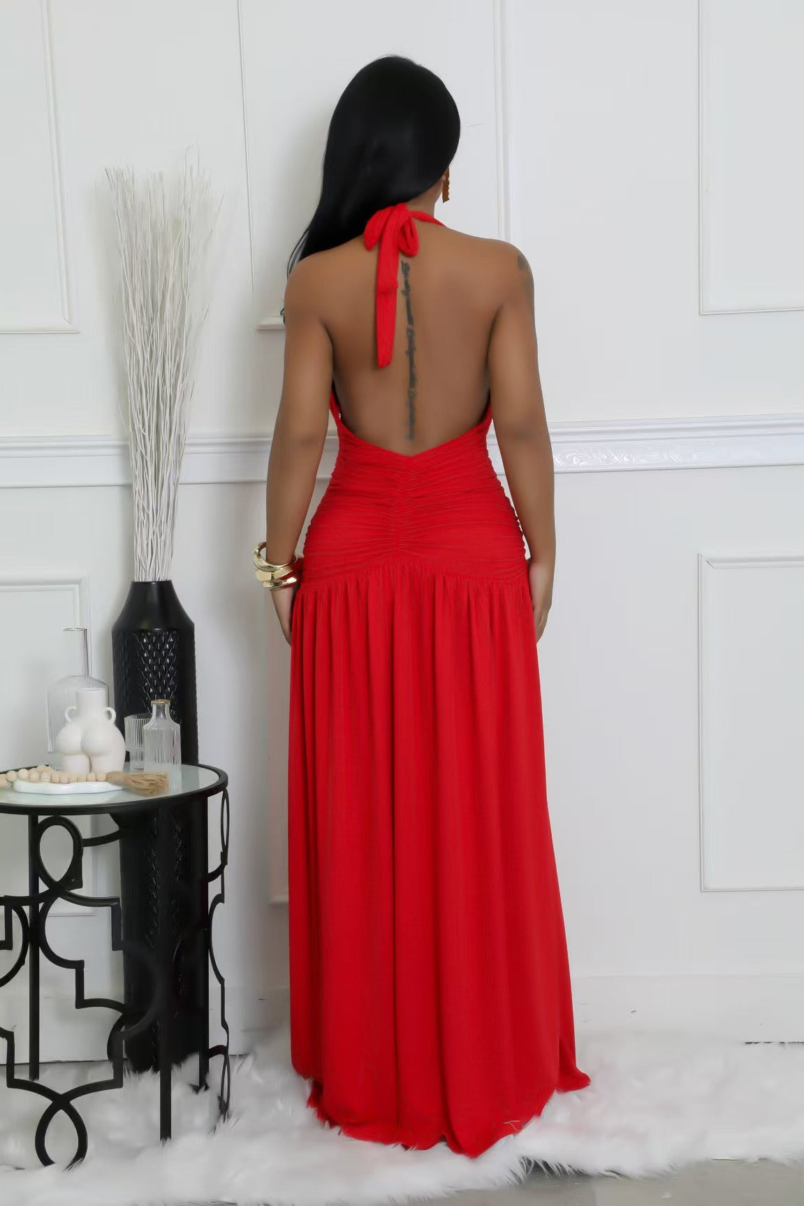 Summer Sexy Tie Halter V-Neck Backless Slit Long Dress 5