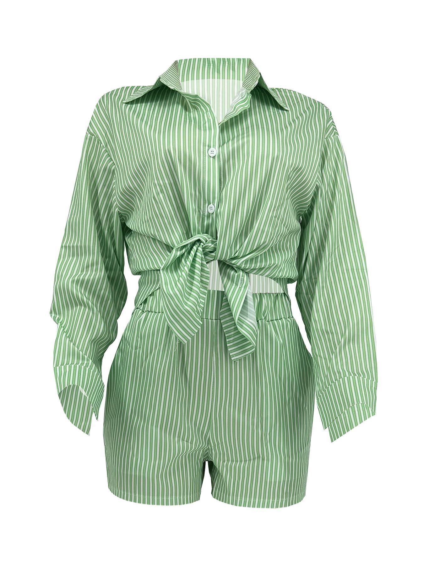 Women Spring Summer Holidays Long Sleeve Shirt Striped Shorts Two Piece Set 10
