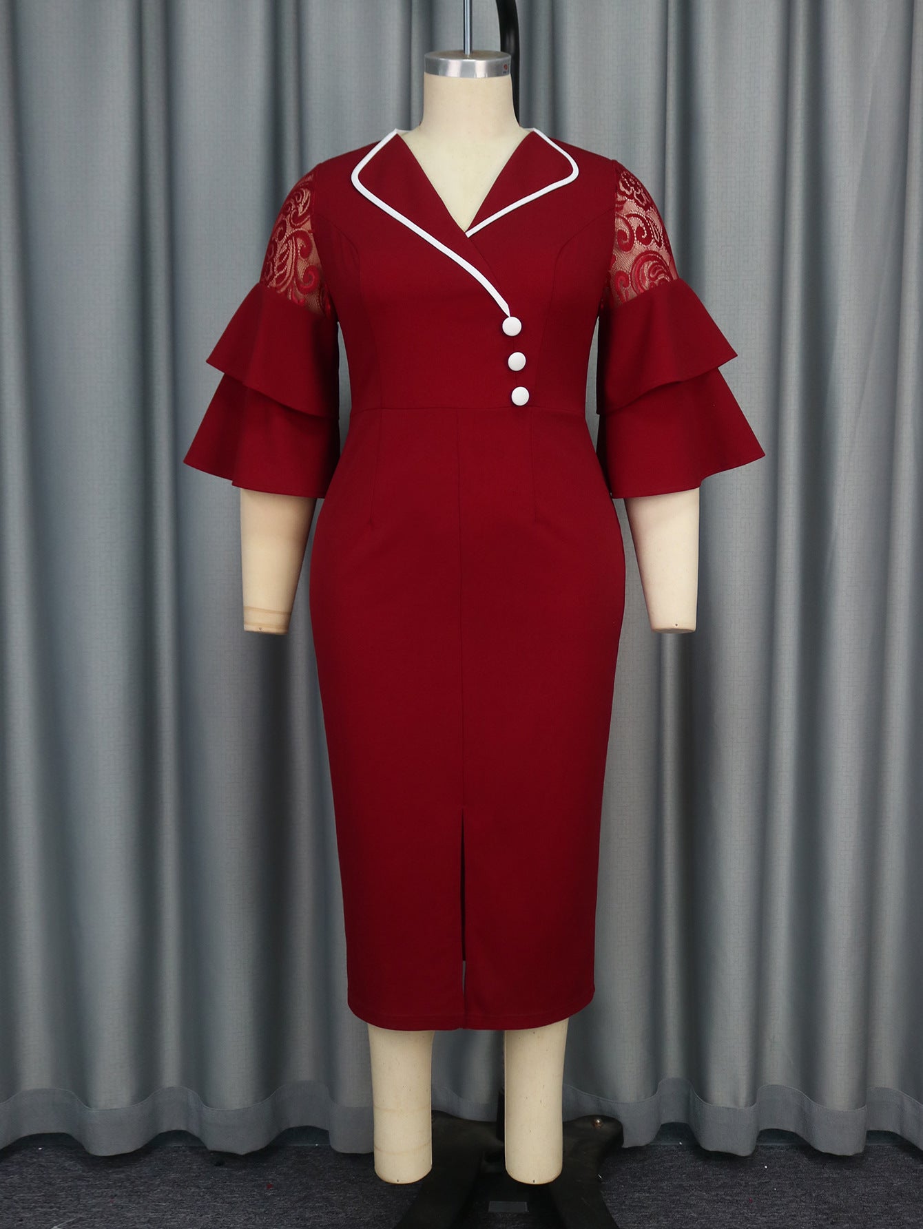 Fashion Turndown Collar Contrast Bell Bottom Sleeve Plus-Size Formal Party Dress 5