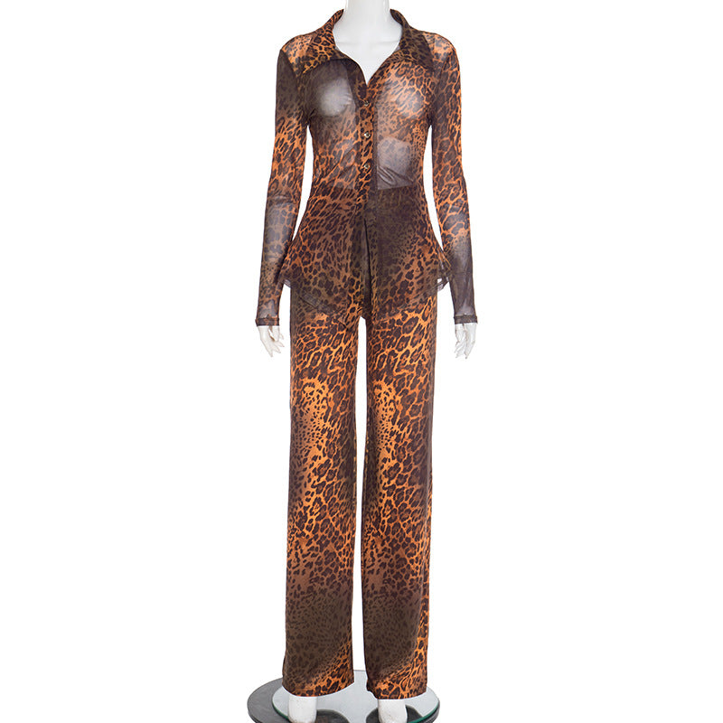 Women Autumn/Winter Leopard Print Mesh Turndown Collar Button Top and Bell Bottom Two-Piece Set 6