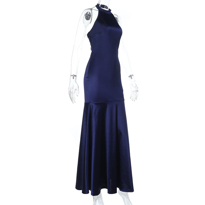Sexy Halter Neck Low Back Satin Gown Women Chic Long Dress 6