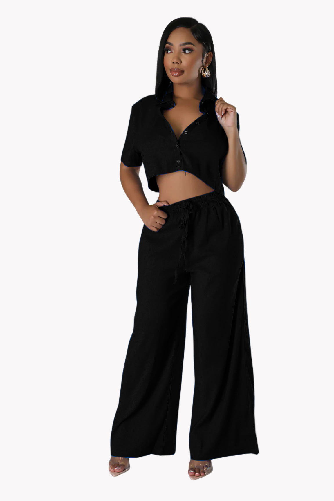 Sexy Fashion Solid Color V-Neck Casual Shirt Wide Leg Pants Two-Piece Set