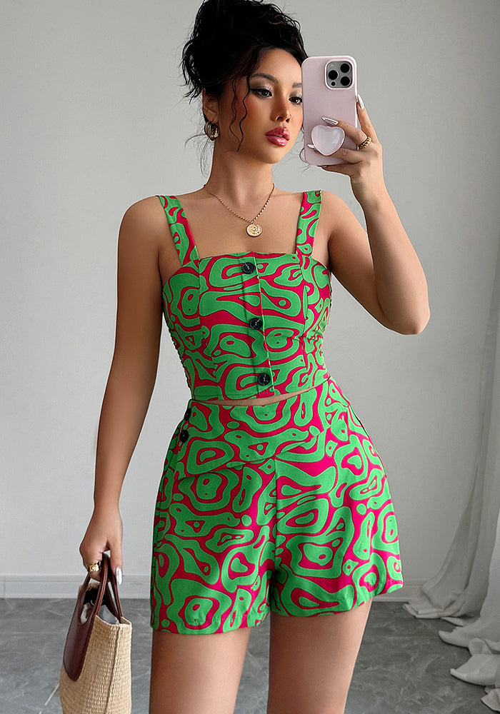 Women spring and summer suspender printed top and shorts two-piece set