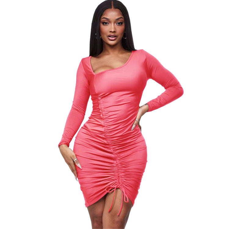Women drawstring Slash Shoulder Bodycon Dress 10