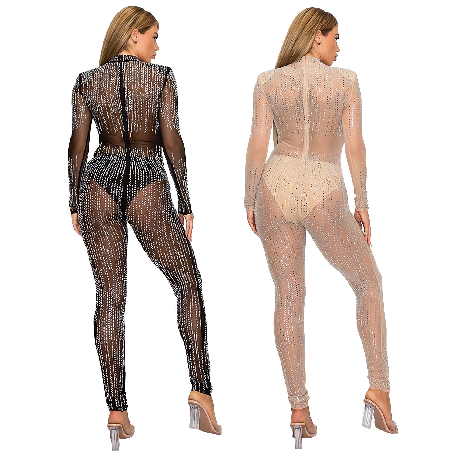 Fashion Sexy Beaded See-Through Mesh Party Jumpsuit
