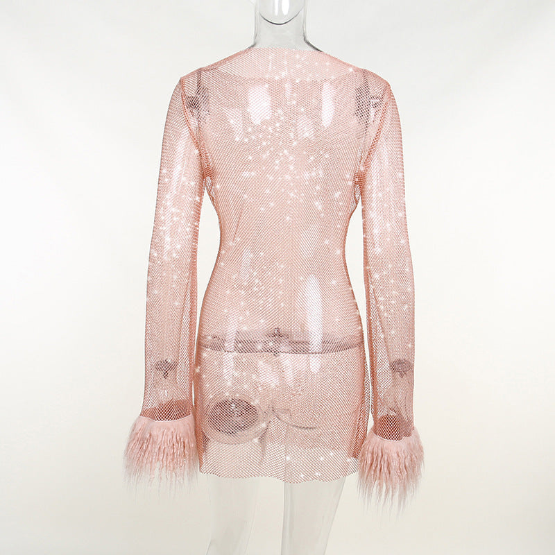 Furry Long Sleeve See-Through Mesh Fashion Trend Sexy Women's Nightclub  Dress 11