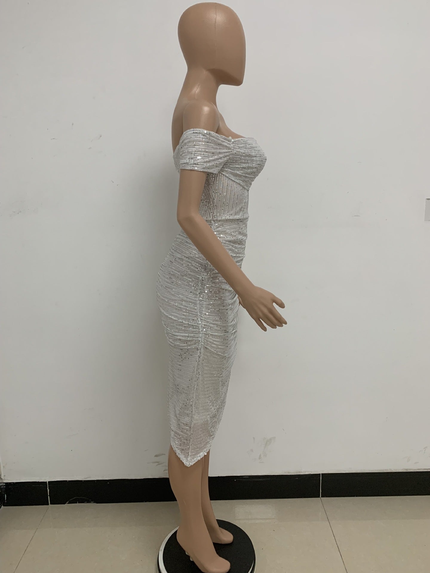 Women French Off Shoulder Sequin Pleated Dress 21