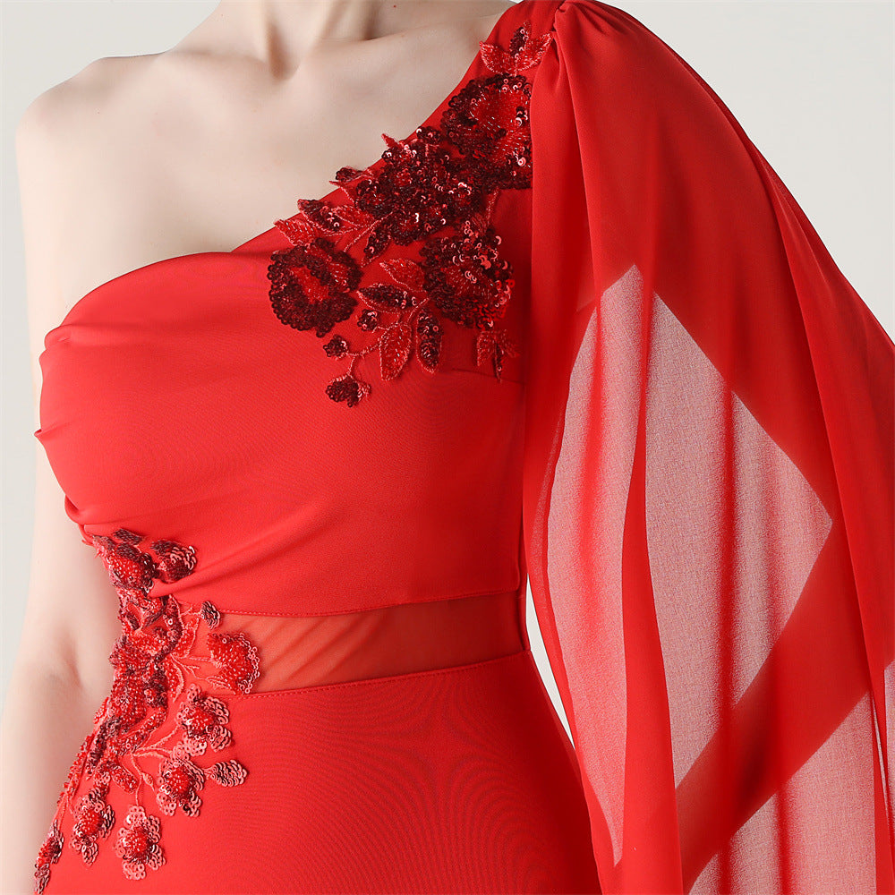 Women Tulle Shawl Beaded Tube Embroidery One Shoulder Evening Dress 24