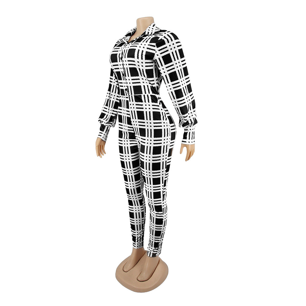 Fashionable Spring Turndown Collar Slim Puff Sleeve Women's Plaid Print Jumpsuit 17