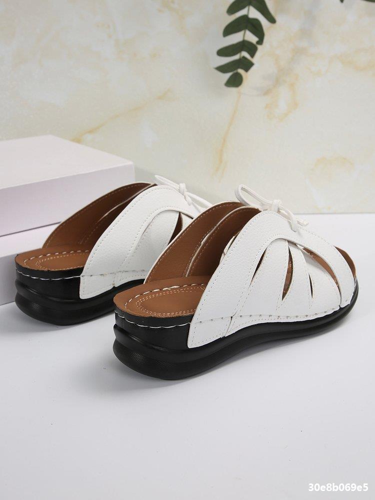 Women Summer Wedge Peep-Toe Slippers Solid Bow Roman Sandals 12
