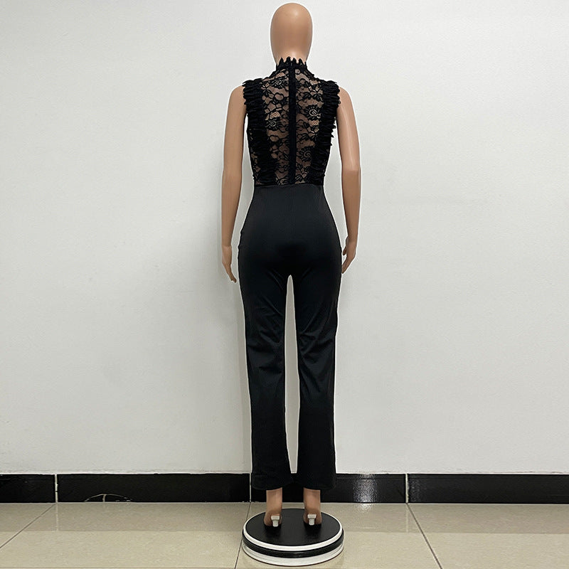 Women's High Neck Fashion Sleeveless Lace Patchwork Straight Leg Women's Jumpsuit 13