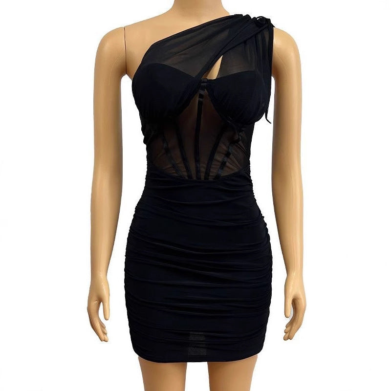Women sexy Slash Shoulder See-Through Bodycon Solid Dress 5