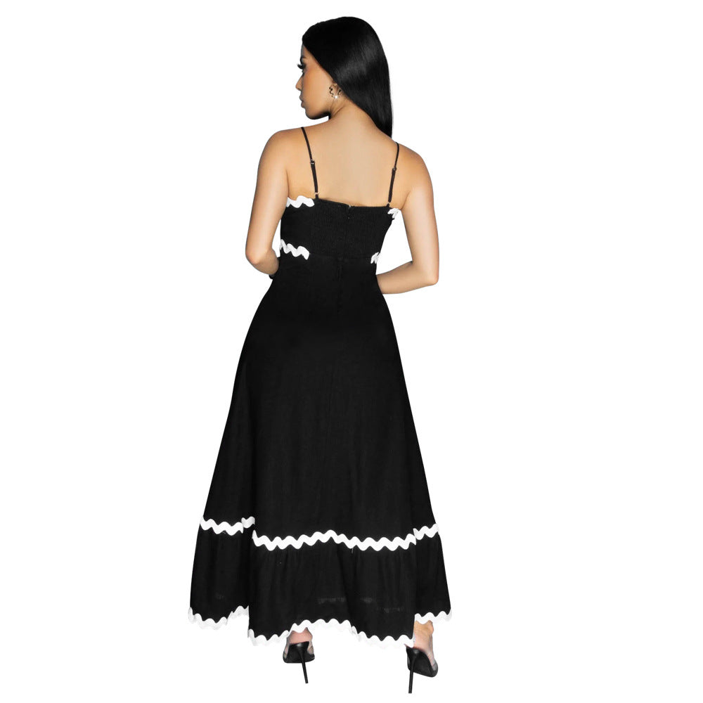 Women Strap Solid Wave Ribbon Patchwork Solid Strap Dress 9