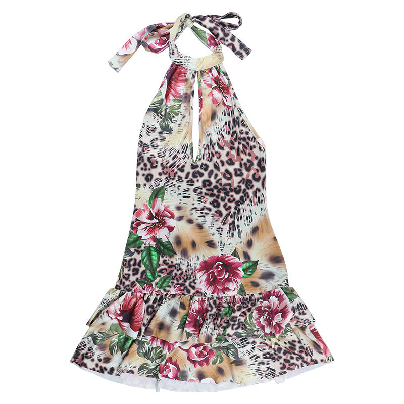 Summer Low Back Halter Neck Printed Hollow Short Dress 16