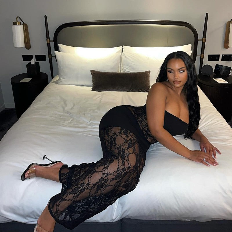 Summer Solid Color Sexy Lace Patchwork Strapless Slim Long Dress 4