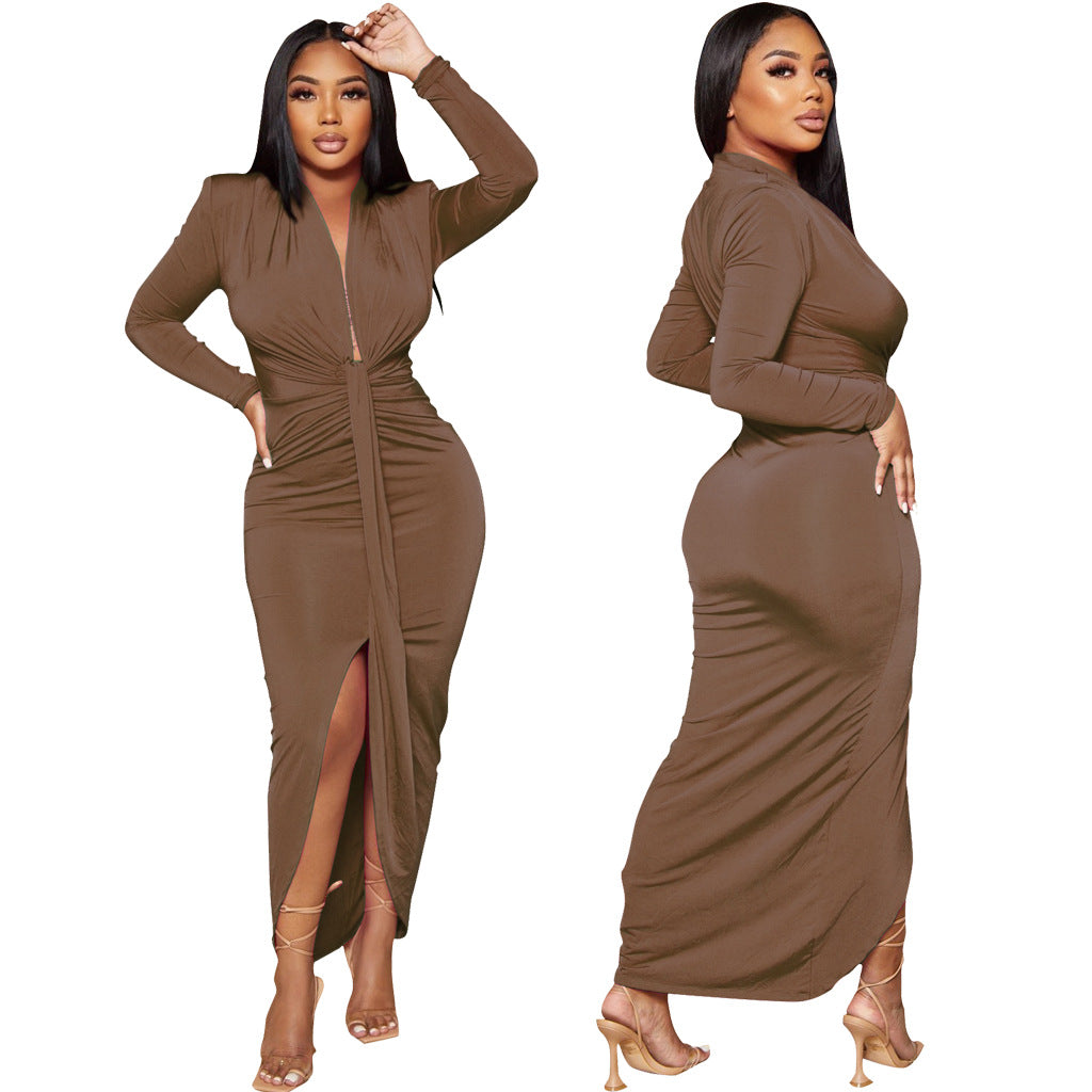 Women Sexy Deep V Neck Belt Slit Dress 10