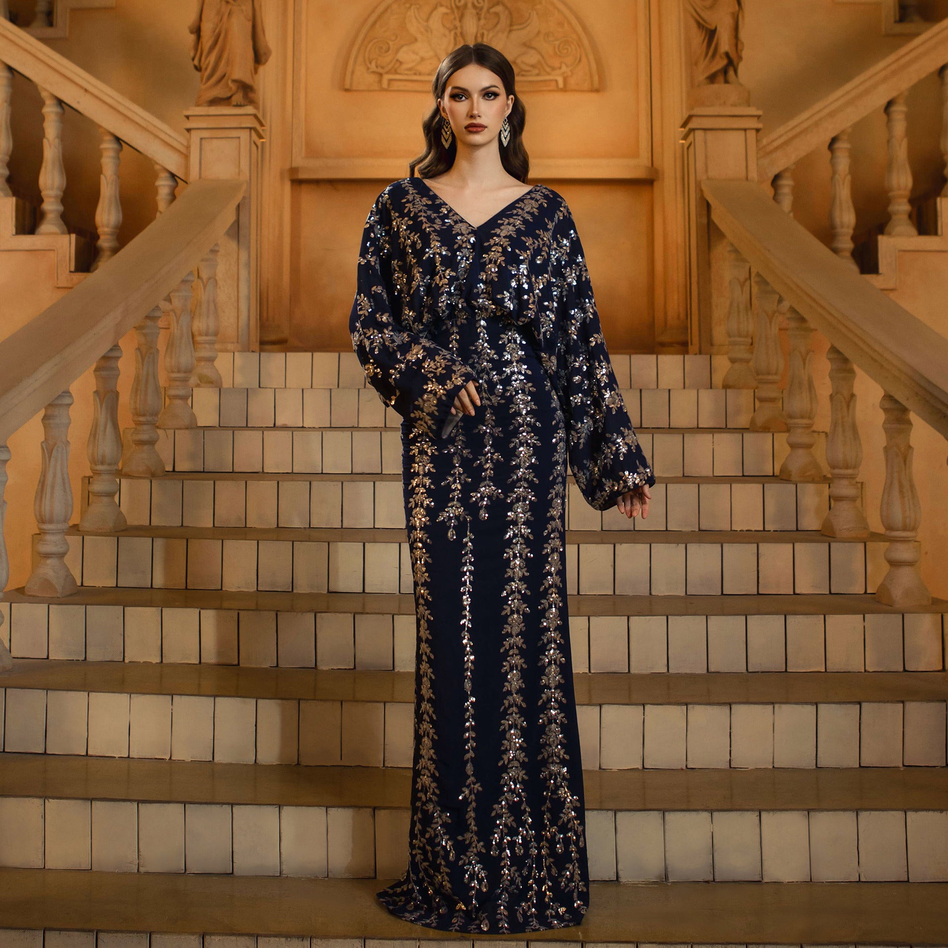 Women long-sleeved v-neck Bodycon sequins Formal Party Fishtail Evening Dress