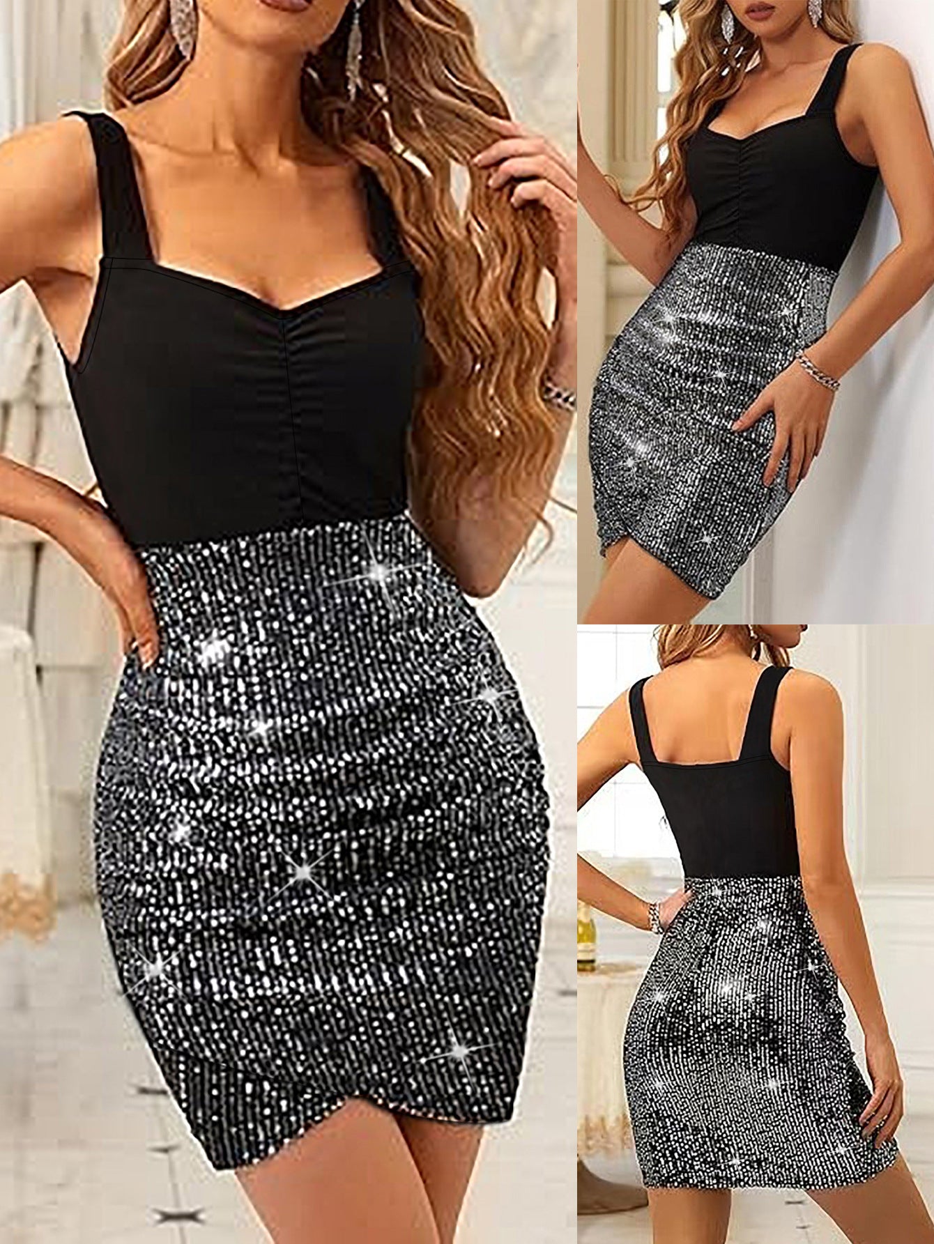Spring Summer Women’s Fashion Sparkly Sequin Straps Bodycon Mini Dress 3