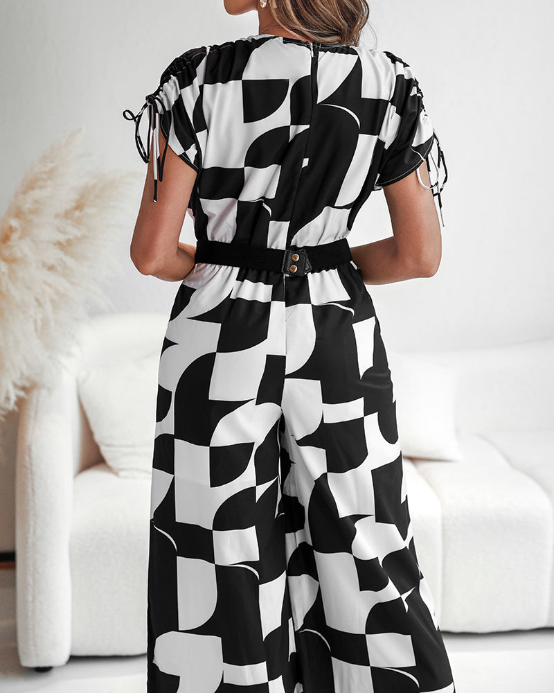 Geometric Print Short Sleeve Wide-Leg V-Neck Jumpsuit 7