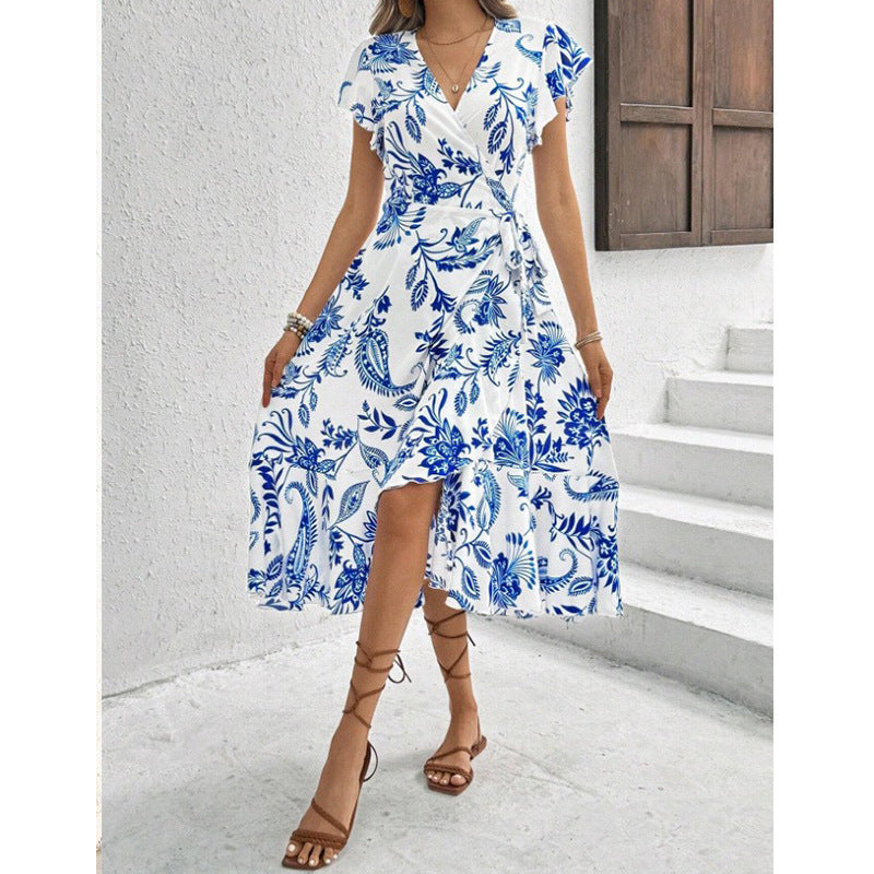 Women Summer Printed Ruffle Short Sleeve Lace Dress 9