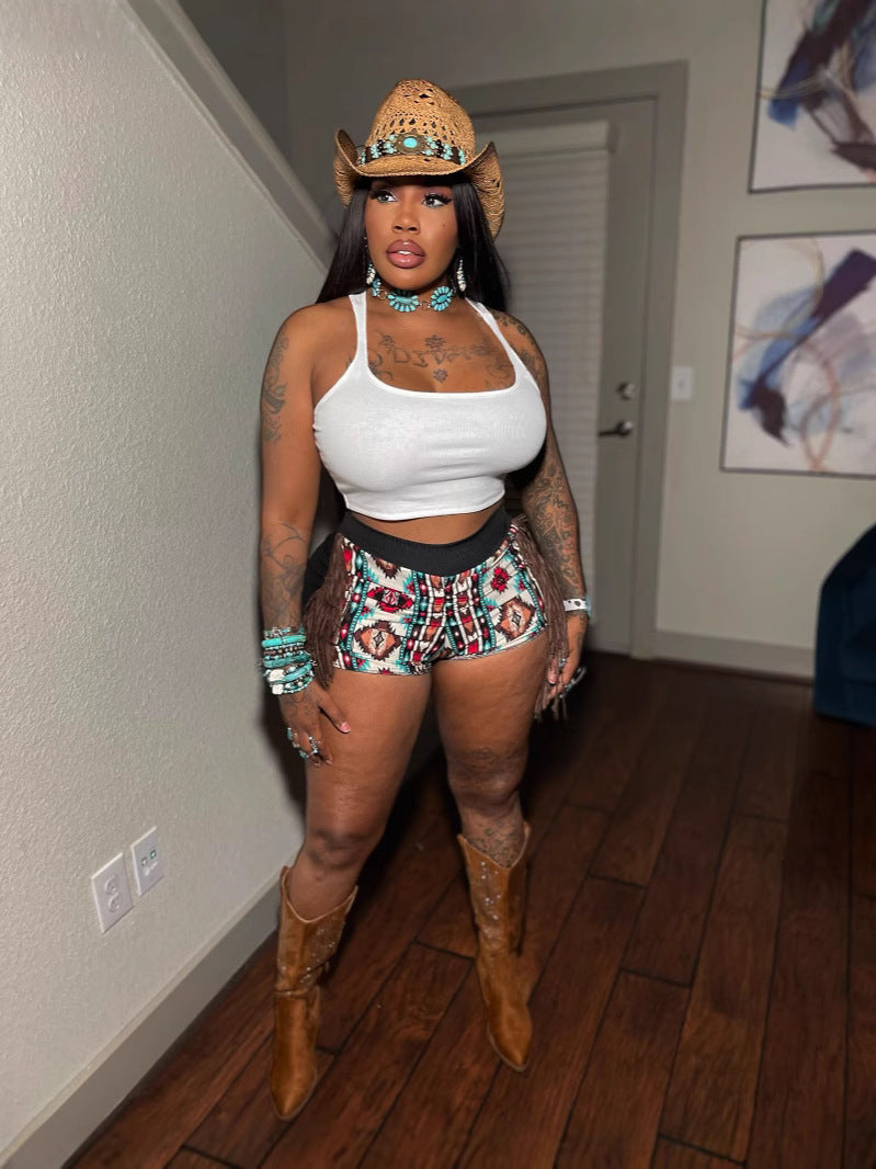 Women Sexy Tank Top and Tassel Shorts Two-piece Set 4