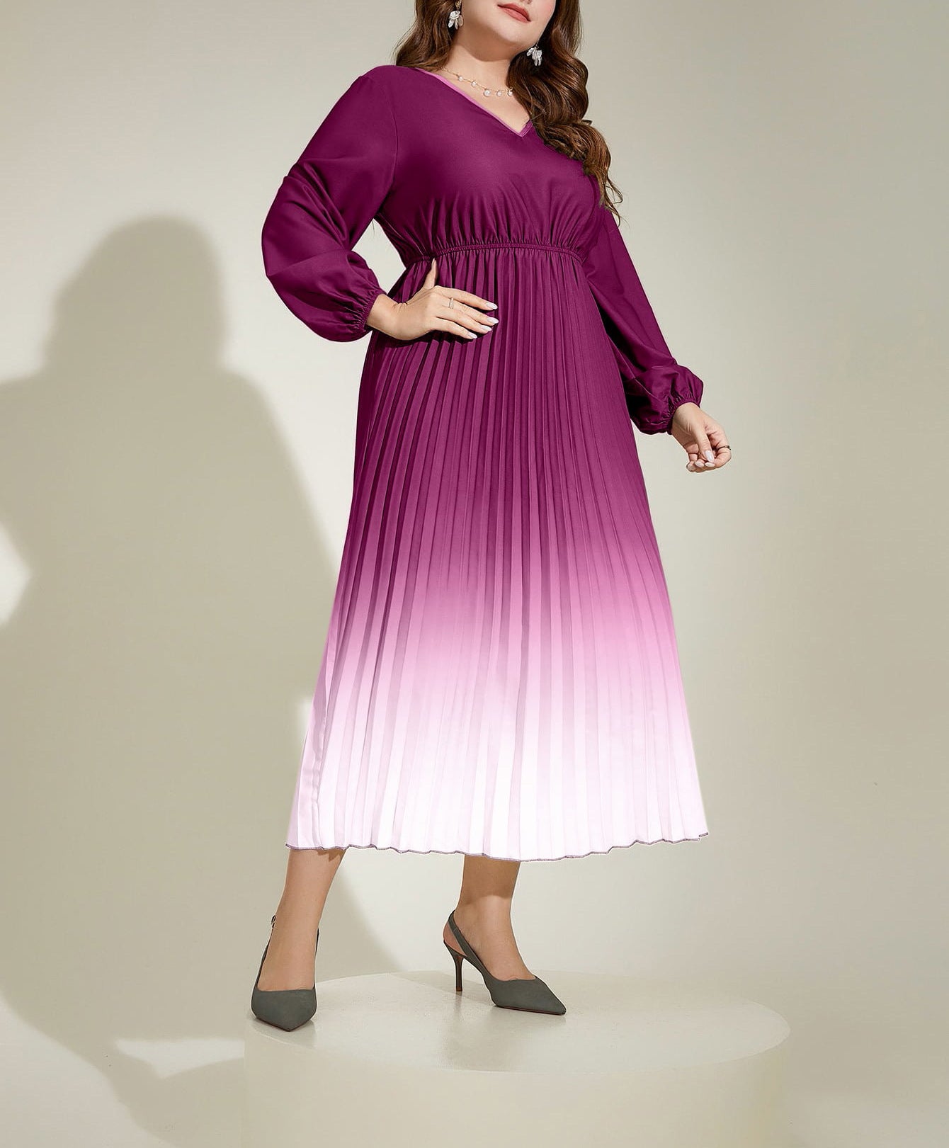 Autumn Chic Gradient Pleated Plus Size Long Sleeve Women's Long Dress 5