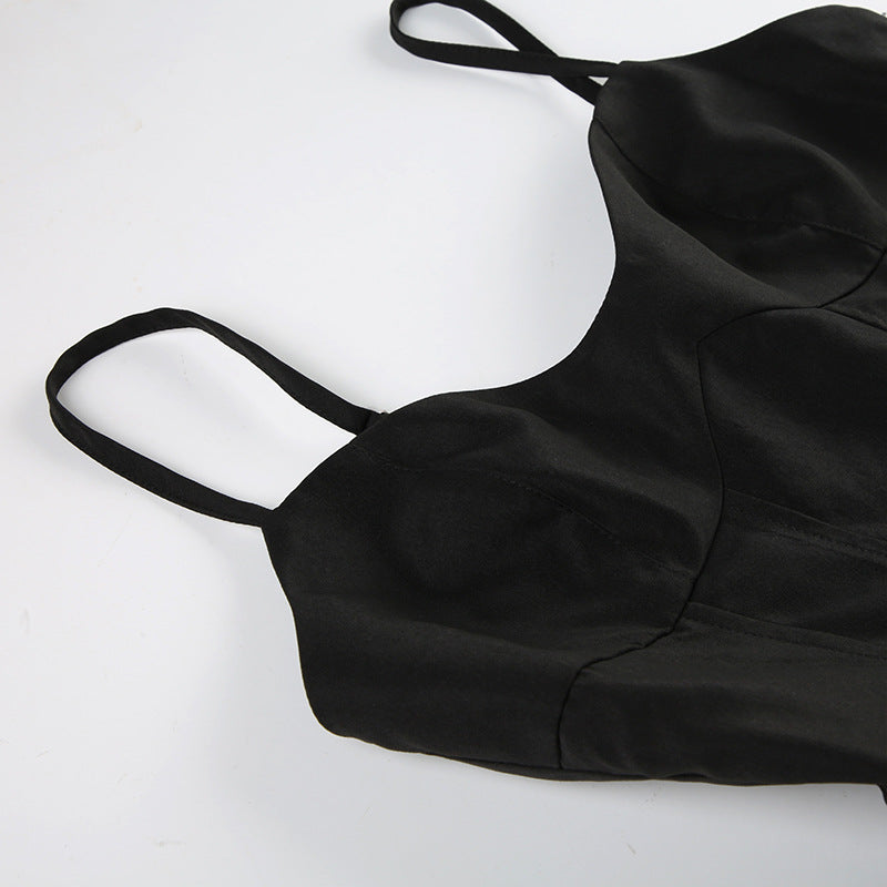 Chic Solid Color Black Strap Slim A-Line Long Dress 6