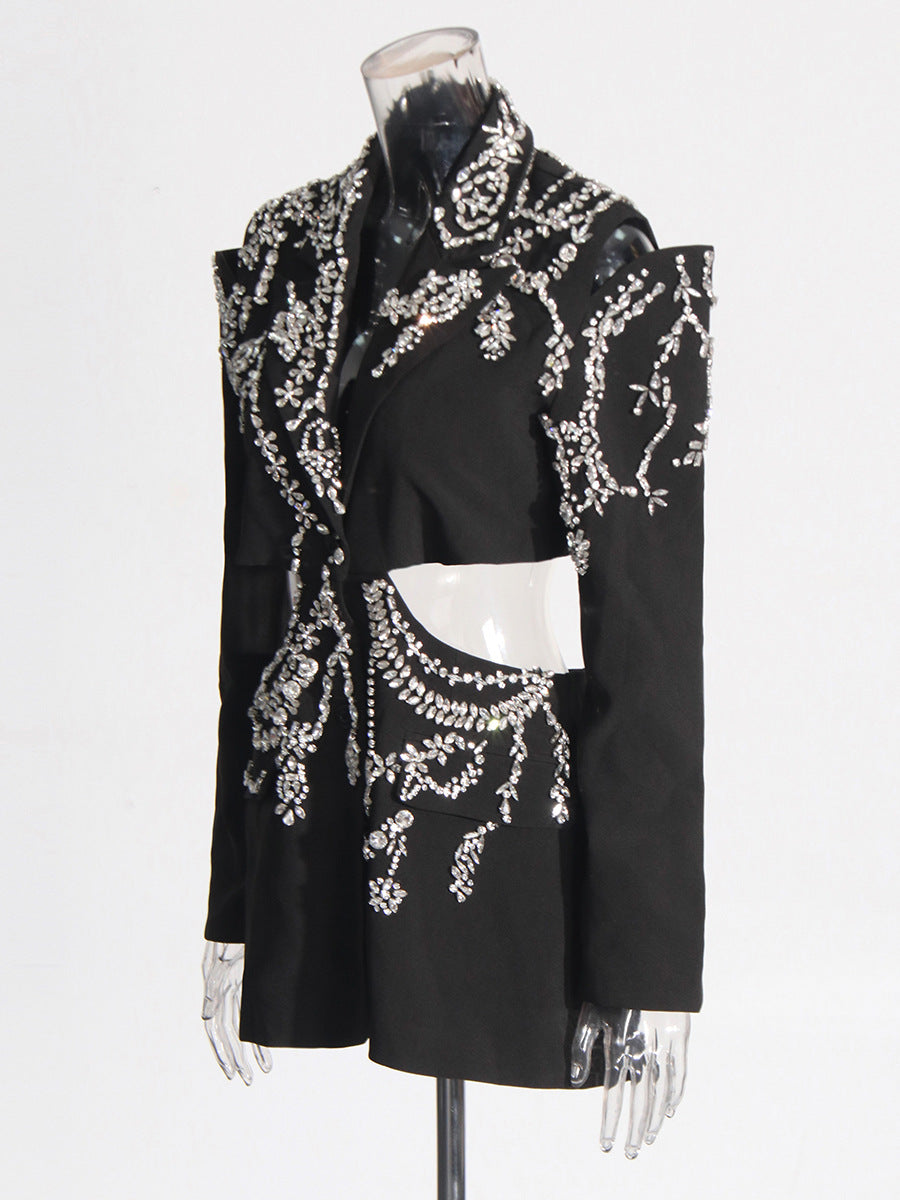 Women rhinestone beaded Open Waist long sleeve Blazer 4