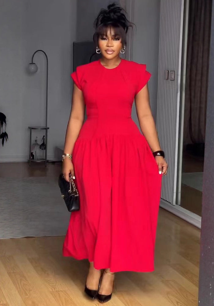 Elegant Career Stretch Slim Waist Ruffle Flutter Sleeve Midi Dress