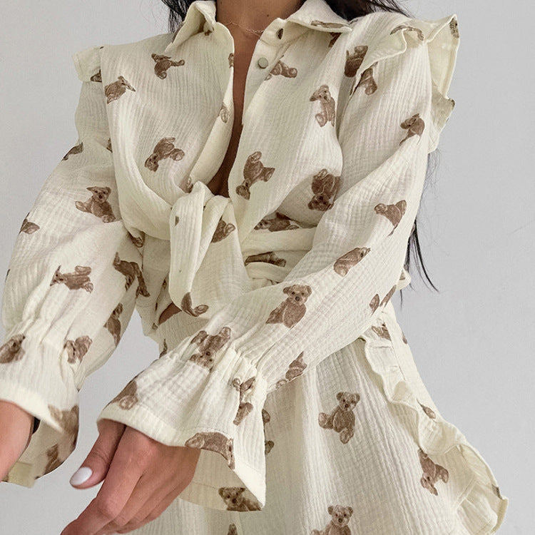 Women Printed Ruffled Bell Bottom Top and Shorts Two-Piece Set 12