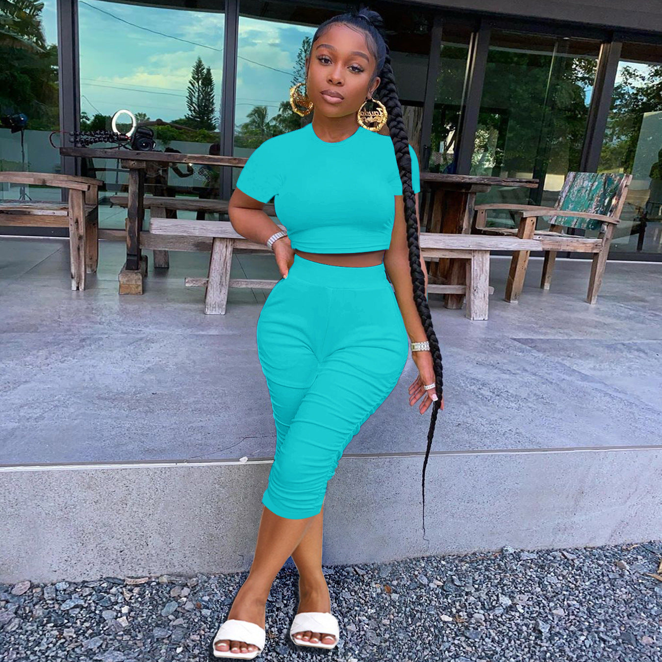 Summer Women's Solid Color Tight Fitting Cropped Short Sleeve T-Shirt Women's Pleated Two Piece Set 4