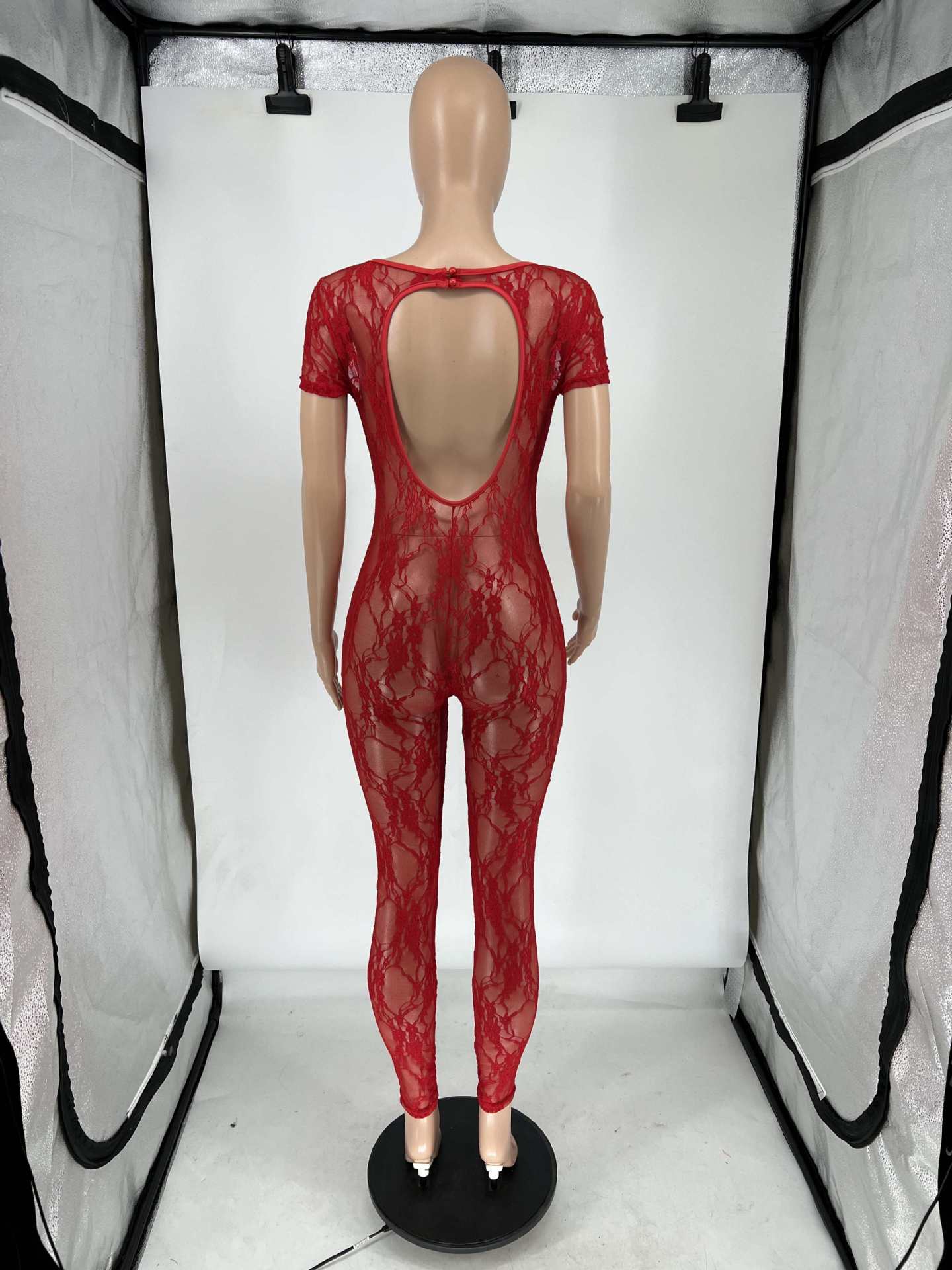 Women's Summer Lace Short Sleeve Low Back Sexy Nightclub Jumpsuit 17