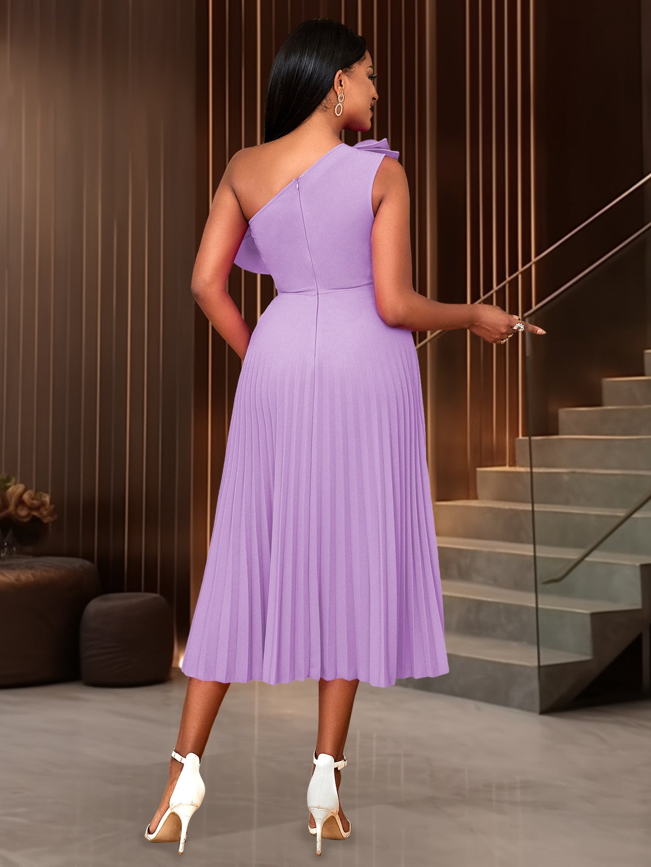 Women One Shoulder Slash Shoulder Formal Party Pleated Dress 28