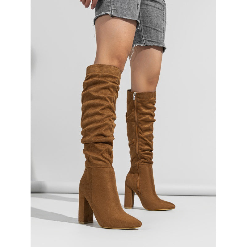 Women high-heeled suede wrinkled high-cut boots 9