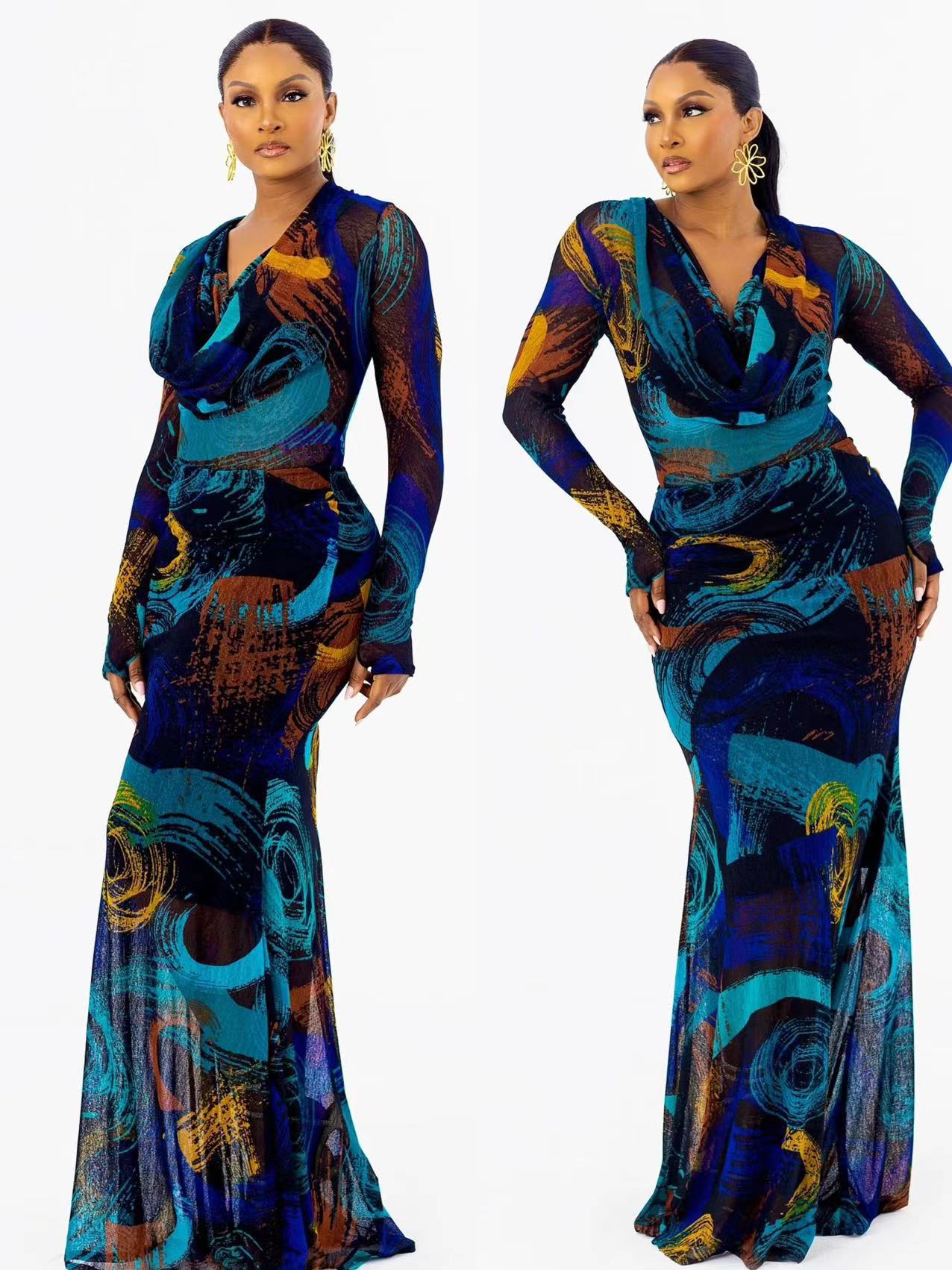 Women Printed Long Sleeve Bodycon Dress 3