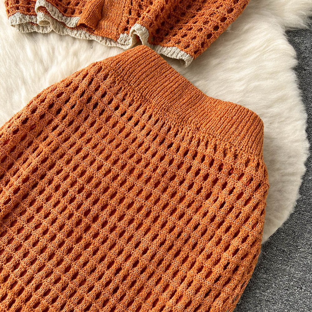 Spring/Summer Holidays Set for Women Turndown Collar Short-Sleeve Loose Top + Slit Skirt Two-Piece Set 19